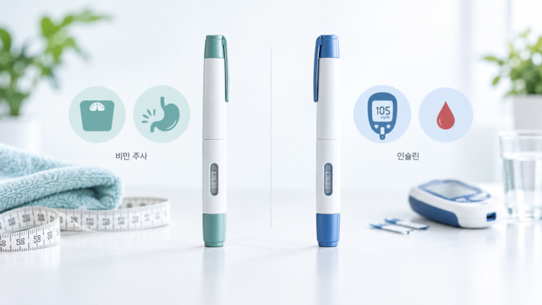 Concept illustration comparing weight-loss injection pens with insulin treatment and blood-glucose management