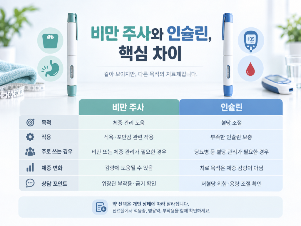 비만 치료 주사와 인슐린의 목적, 작용, 상담 시 확인할 점을 요약한 그림